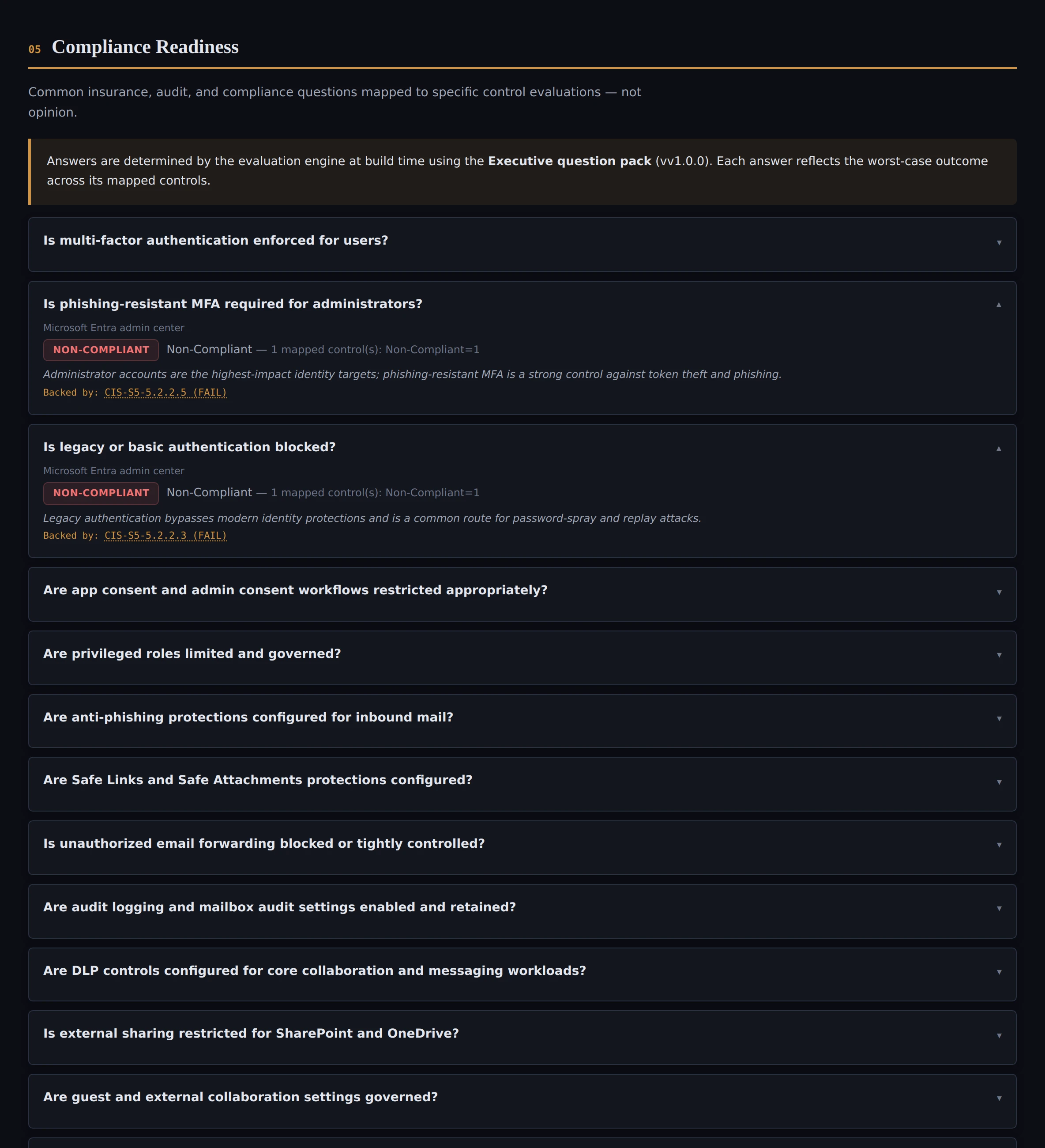 Compliance Readiness showing common insurance, audit, and compliance questions mapped to specific control evaluations