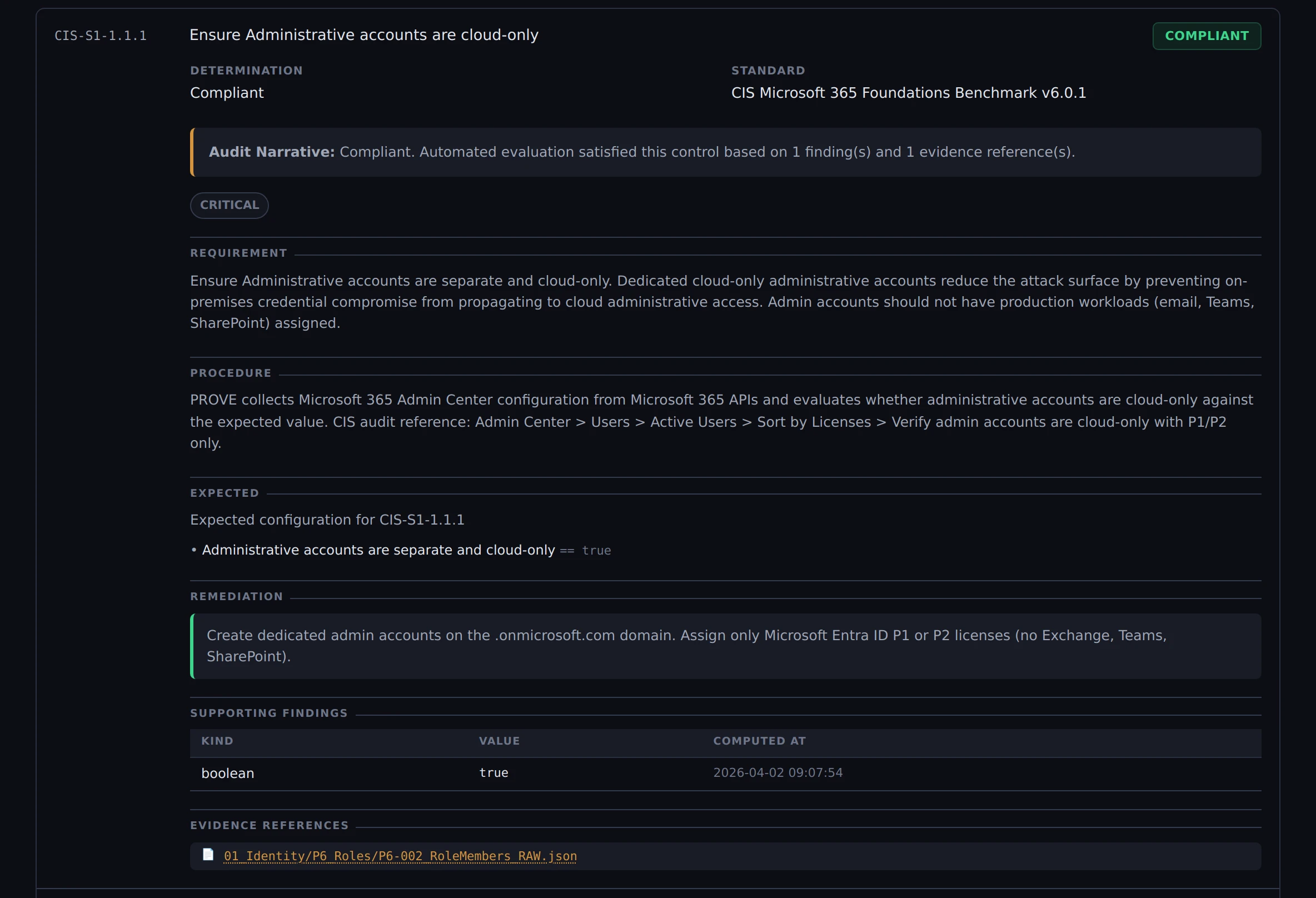 Expanded control showing Audit Narrative, requirement, procedure, expected result, remediation, findings, and evidence references